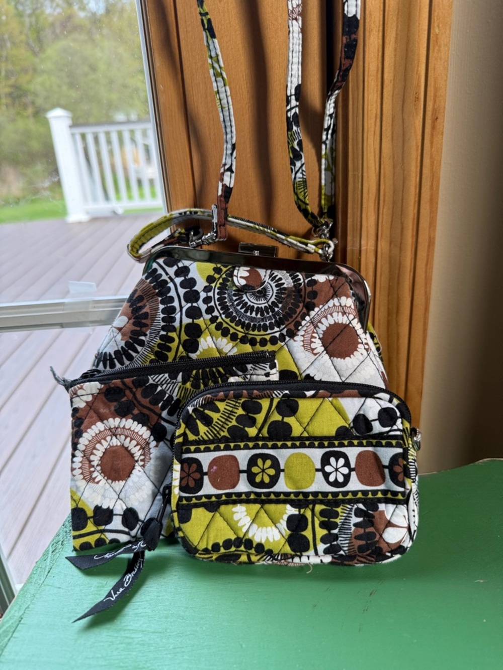 Vera Bradley Quilted Floral Pattern Crossbody Bag in Olive, Brown & White